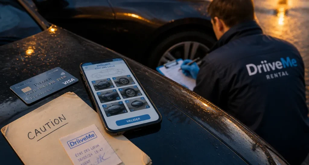 Avis sur DriiveMe : caution et franchise sur le terrain, état des lieux photo