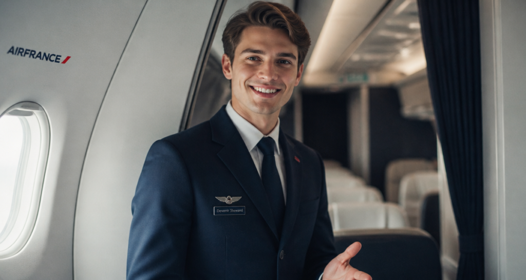 Devenir steward Air France, jeune steward en uniforme accueille en cabine