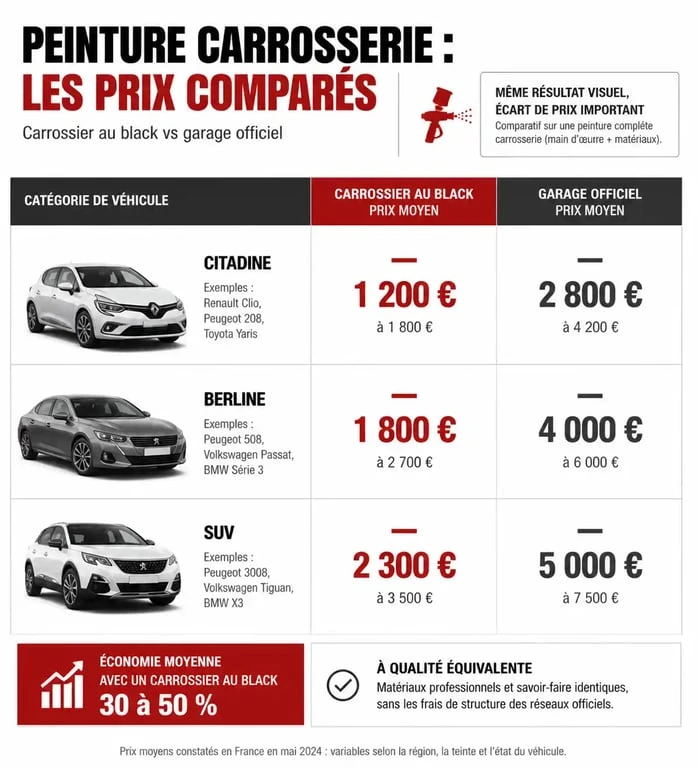 Comparatif des prix de peinture carrosserie entre un carrossier au black et un garage professionnel
