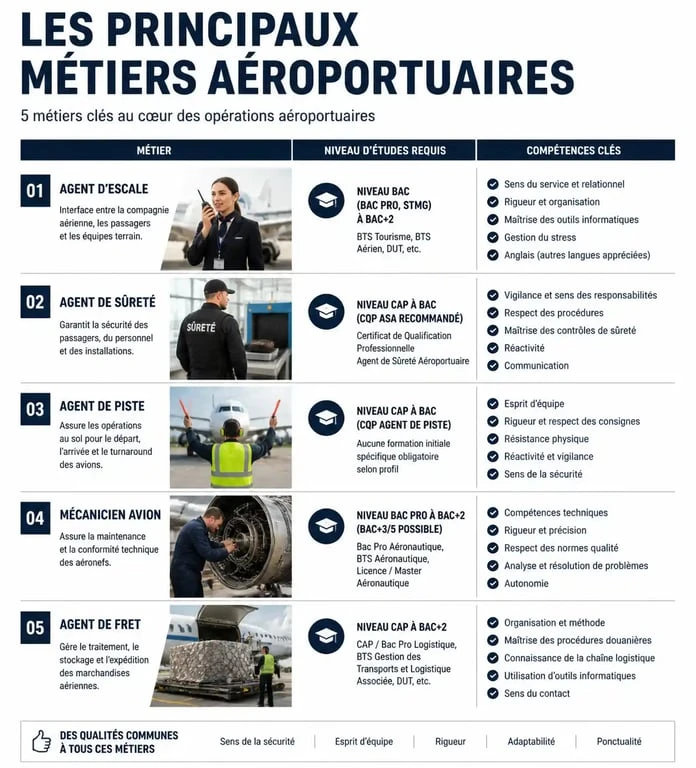 Infographie des métiers de l'aéroport : agent d'escale, sûreté, piste et maintenance