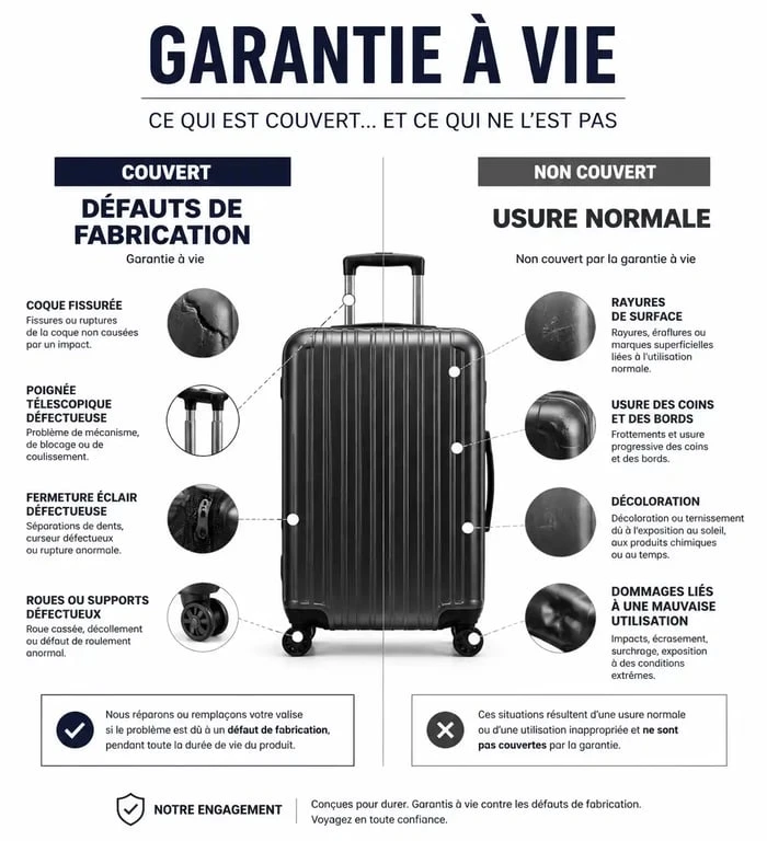 Infographie explicative sur la garantie à vie des valises : défauts de fabrication vs usure normale