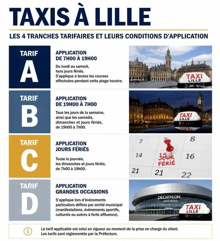 Grille tarifaire des taxis à Lille : explications des tarifs A, B, C et D