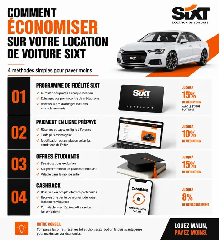 Infographie récapitulative des astuces pour obtenir un code promo Sixt et économiser sur sa location de voiture