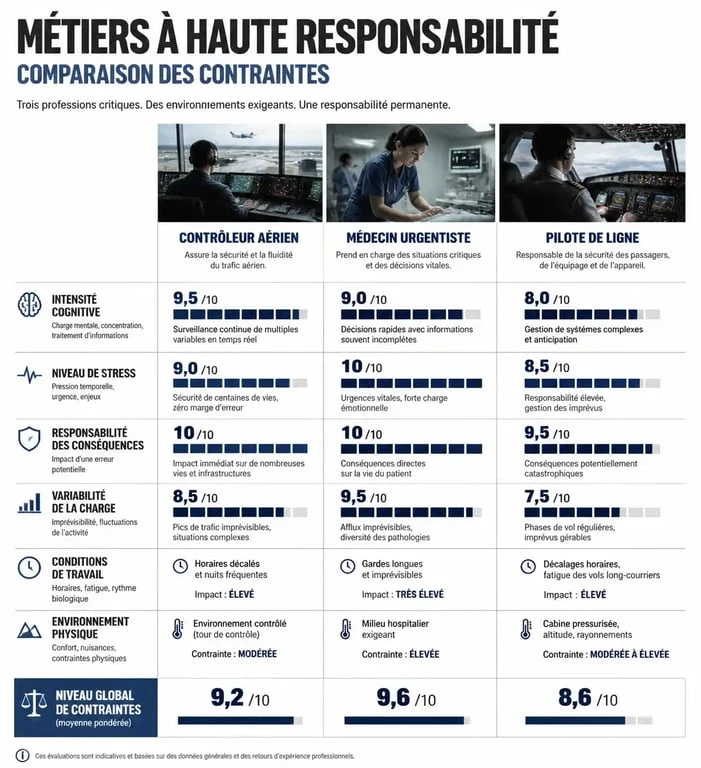 Infographie comparative des contraintes du métier de contrôleur aérien par rapport aux métiers de médecin et pilote