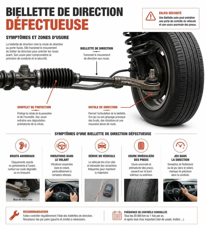 Schéma des symptômes d'une biellette de direction défectueuse
