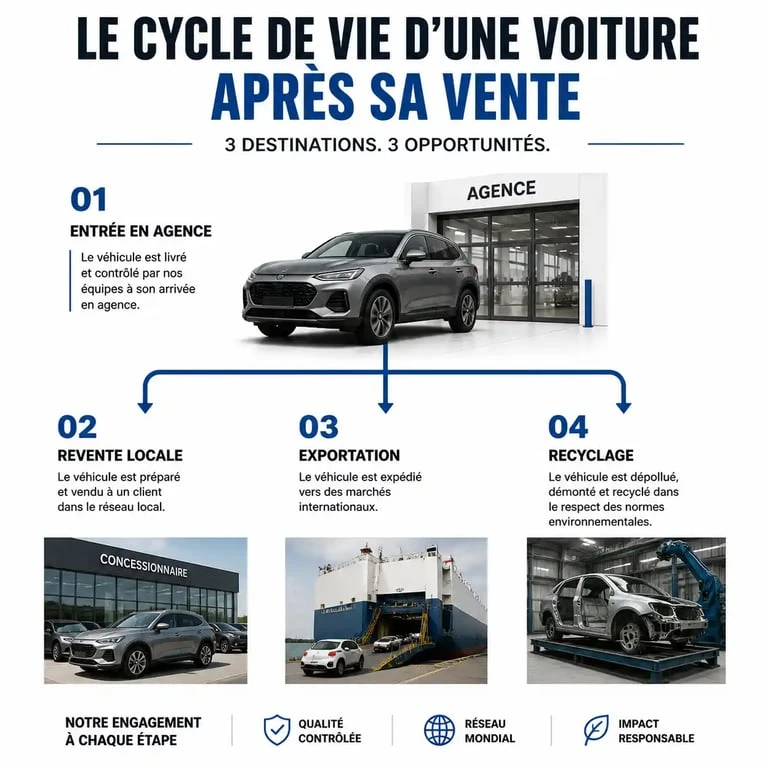 Schéma du parcours logistique d'une voiture après sa vente sur vendezvotrevoiture.fr