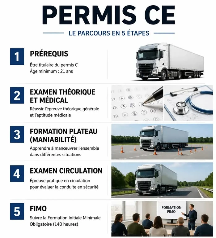 Infographie du parcours d'obtention du permis CE pour conducteurs routiers