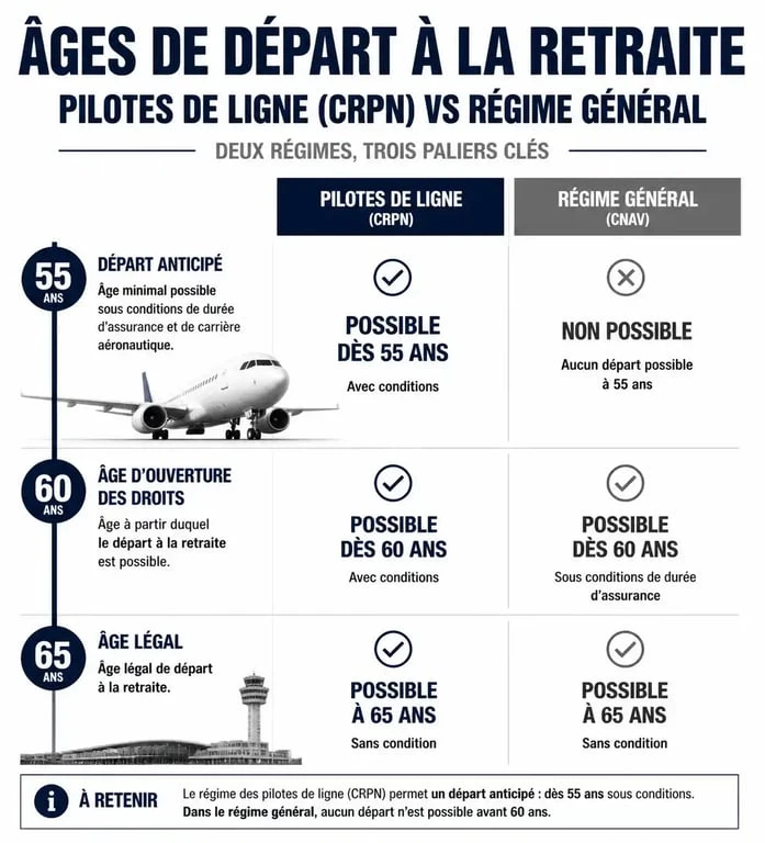 Infographie comparative des âges de départ à la retraite pour les pilotes de ligne et le régime général