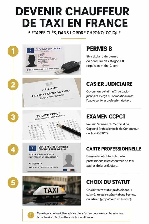 Infographie des étapes pour devenir taxi en France