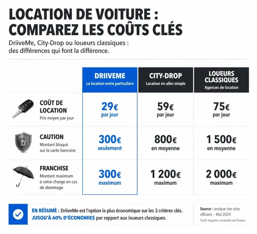 Tableau comparatif des tarifs et conditions de location : DriiveMe, City-Drop et loueurs classiques pour un avis sur DriiveMe.