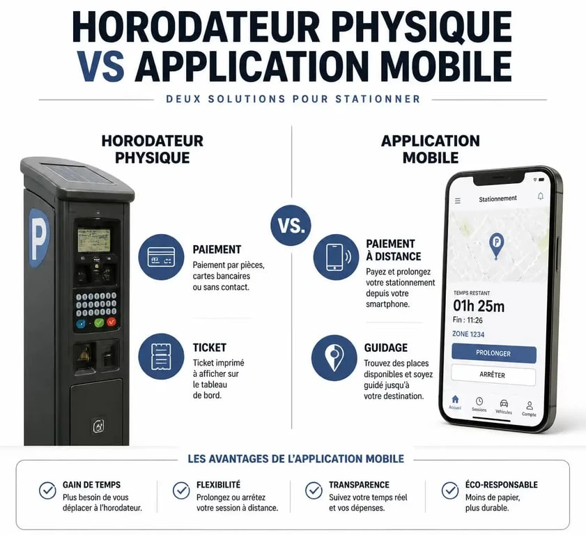 Comparatif des solutions de stationnement : horodateur physique vs application mobile Parkeon Flowbird