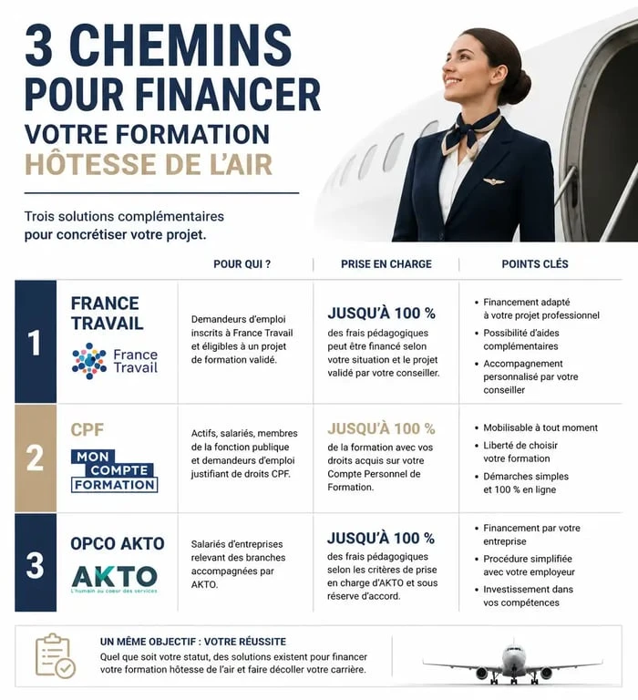 Infographie des options de financement pour une formation hôtesse de l'air gratuite