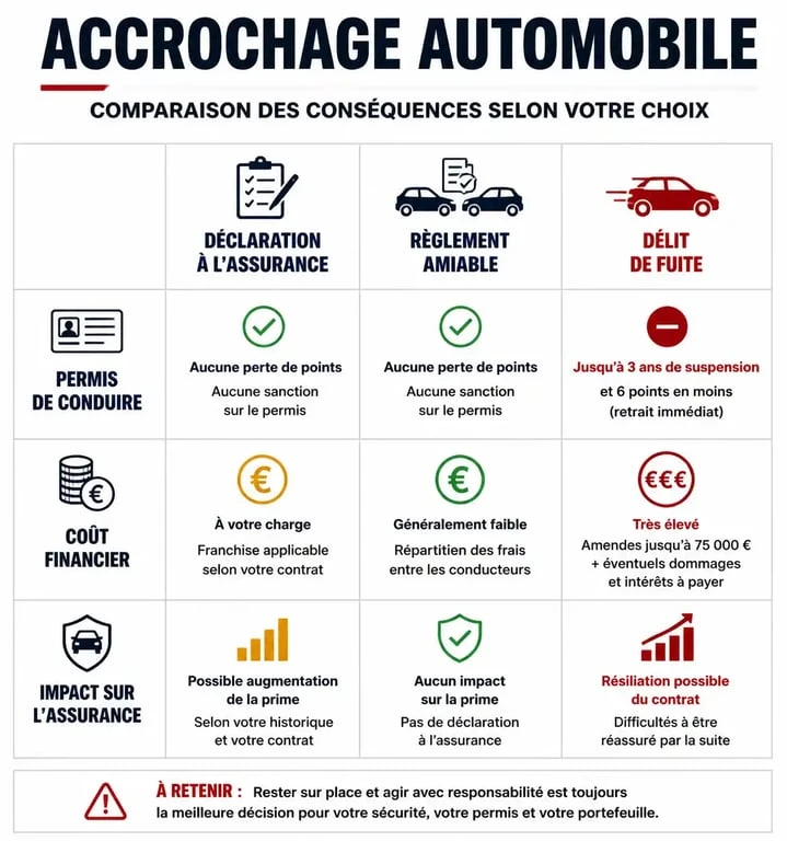 Tableau comparatif des conséquences si j'ai rayé une voiture en me garant : assurance, règlement amiable ou délit de fuite.