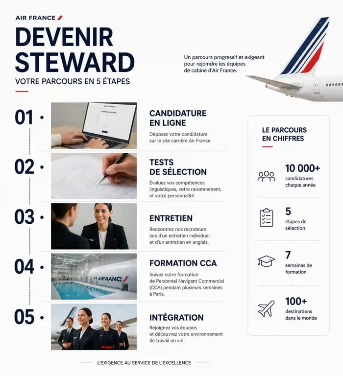 Infographie des étapes du parcours pour devenir steward chez Air France