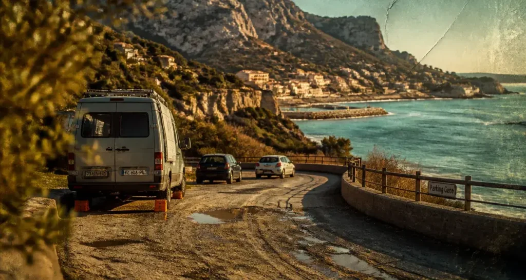 Parking de Niolon vers la calanque, entrée et route côtière