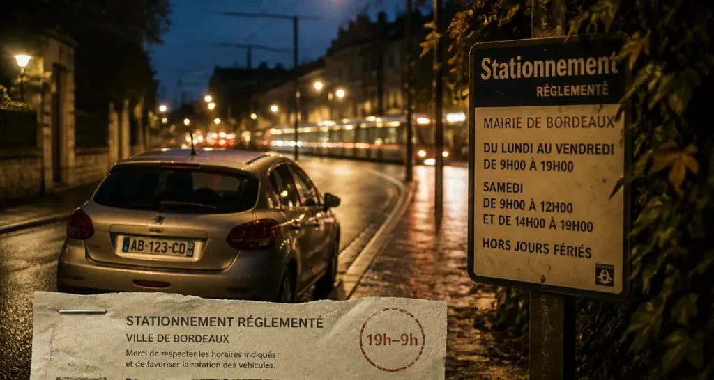 Parking gratuit bordeaux : voiture près d’un panneau municipal, stationnement sans payer