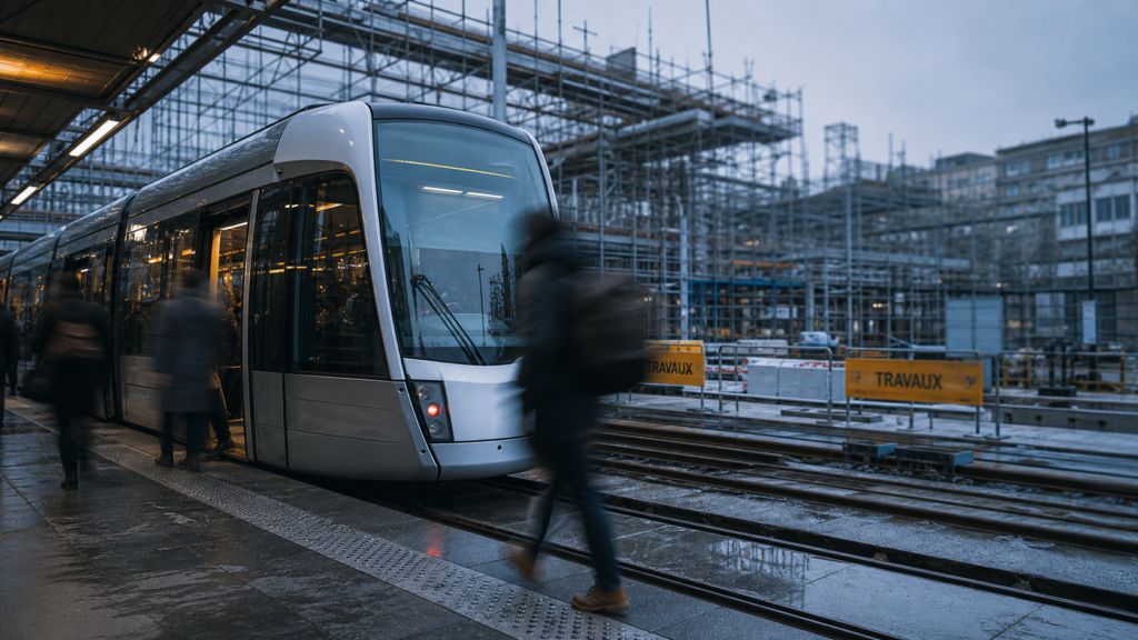 Tramway T1 travaux : rame en chantier à l’arrêt