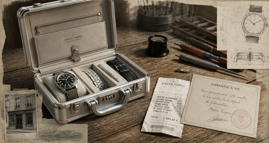 Valise garantie à vie ouverte avec ticket et fiche garantie