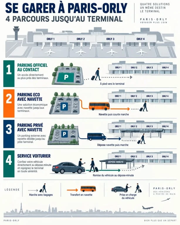 Infographie pour aeroport de paris orly reservation parking : parcours entre parkings, navette, voiturier et terminaux
