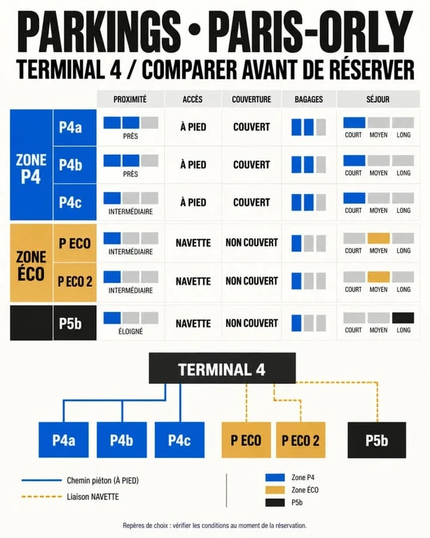 Infographie comparative du parking aeroport Paris Orly P4 et des parkings économiques autour du terminal 4