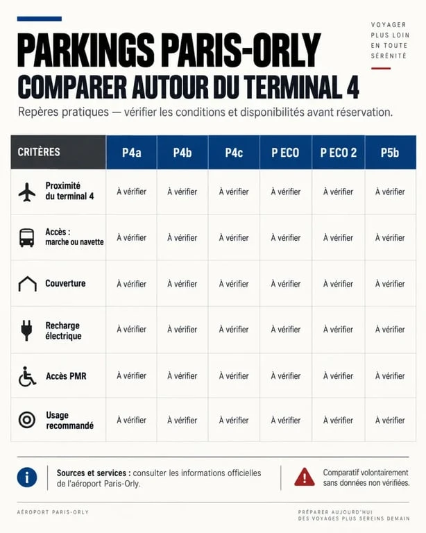 Infographie comparative du parking P4 Paris-Orly et des parkings P4a, P4b, P4c, P ECO et P5b