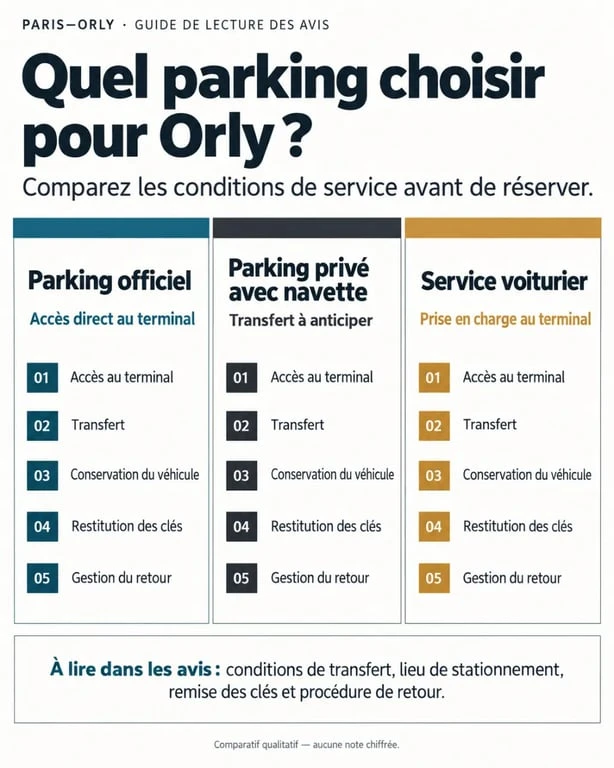 Avis parking aéroport Paris-Orly : comparaison entre parking officiel, navette privée et voiturier