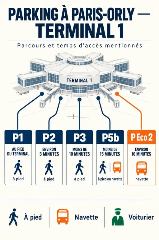 Parking Paris Orly terminal 1 : distances à pied et temps de navette selon les parkings